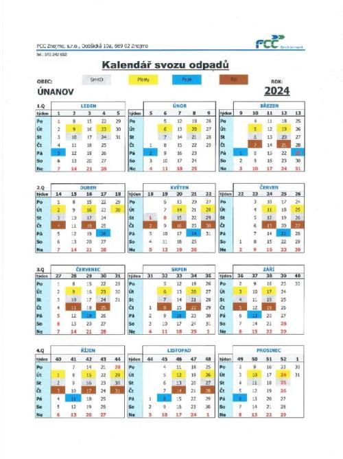 Kalendář svozu odpadů Únanov 2024